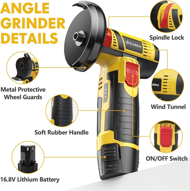 Creddux Cordless Angle Grinder, 3 Inch Mini Angle Grinder Tool With 2pcs 16.8V 2000mAh Batteries and 5 Grinding Wheel,19500rpm Metal Grinders for Cutting, Grinding and Polishing Yellow - Image 5